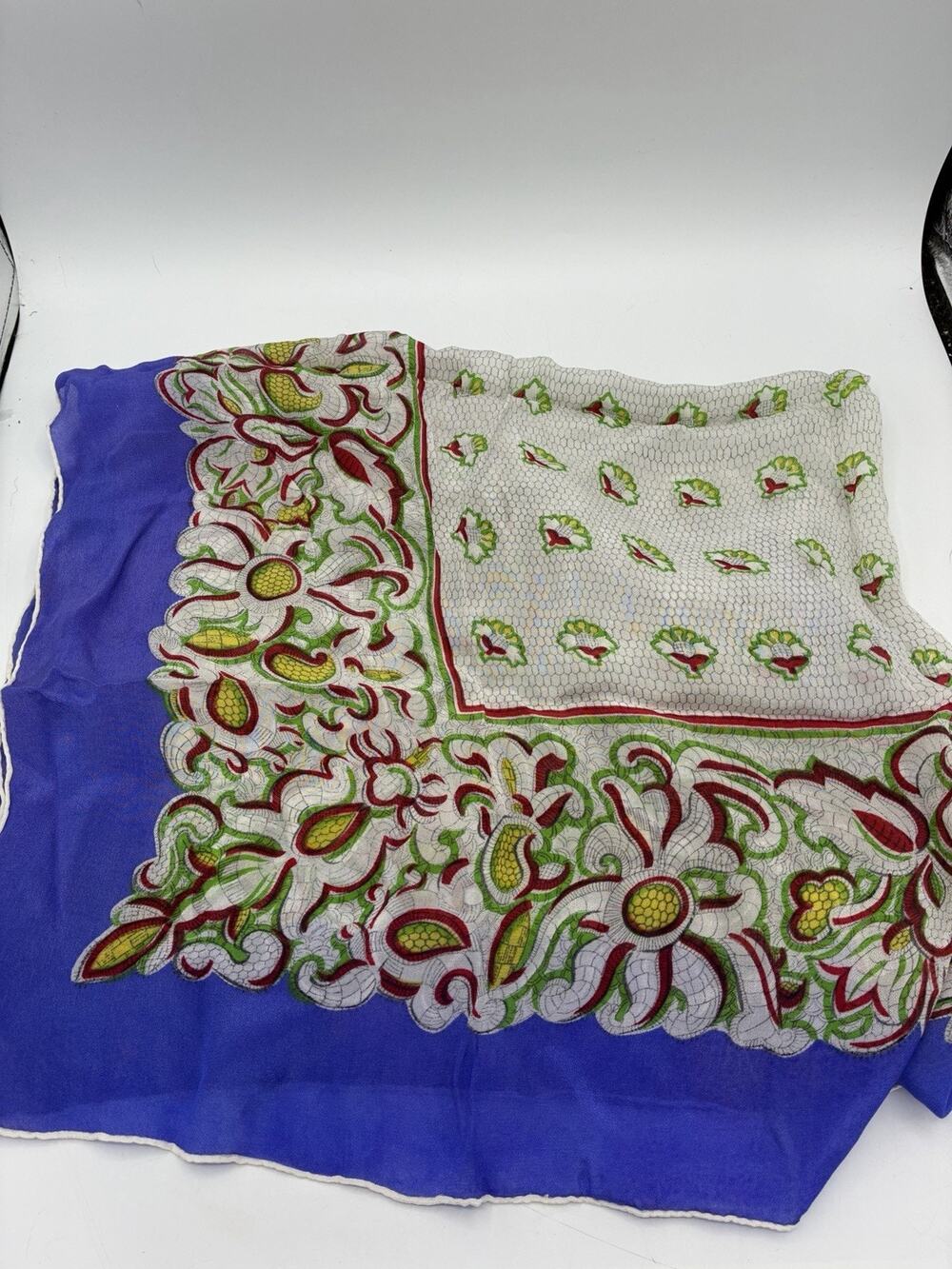 Vintage Silk Scarf 32x29 Cobalt Blue Purple Floral Paisley Square Unbranded